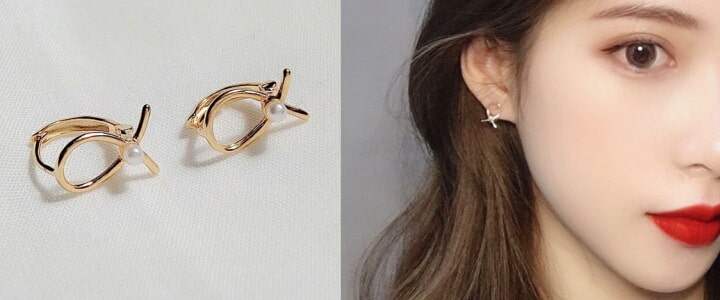 フェイクパールリボンピアス